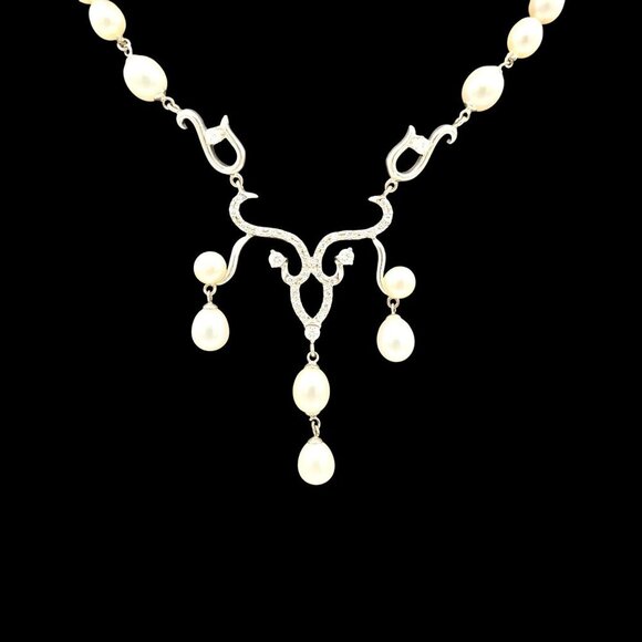 VTG Pearl & Silver Pendant Necklace Elegant Drop Design by CGI CN Wedding 18" - Picture 2 of 8